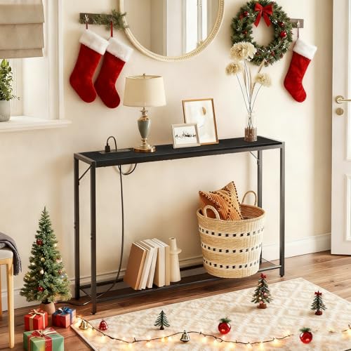 MAHANCRIS 43.7" Console Table with Outlet, Narrow Sofa Table with Shelf | 2 Tier Behind Couch Table, Charging Station, Steel Frame, for Entryway, Living Room, Foyer, Hallway, ofice, Black CTHB11E01N1 - color: Black