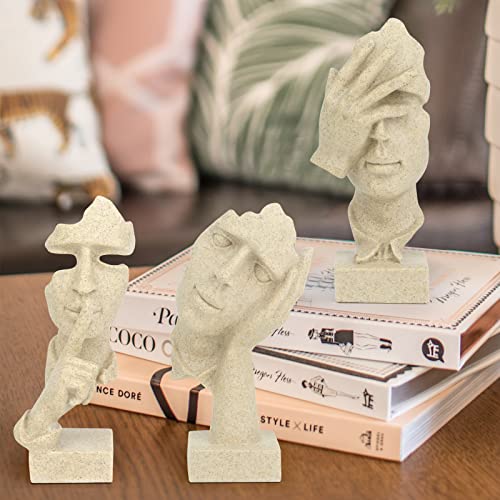 prosfalt 3 Pcs Thinker Statue, Silence is Gold Abstract Art Figurine, No Hear No See No Speak Modern Home Resin Sculptures Decorative Objects Decor for Home Office Bookshelf Desktop(Sandstone) - color: 3 Pcs Sandstone