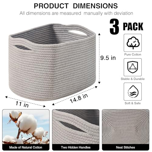 Grey Storage Baskets for Organizing Shelves, Woven Cotton Rope Basket for Storage, Gray Baskets for Toys, Cute Shelf Basket for Living Room Bedroom, 14.8"×11"×9.5", Pack of 3, Grey - color: Grey