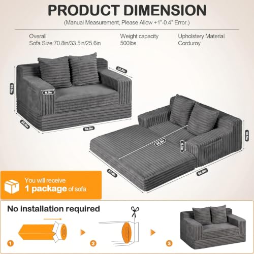 Erament Boneless Loveseat Convertible Sofa Bed, Folding Floor Futon Sleeper Sofa Couch Bed- Boneless Foldable Couch, Corduroy Pull Out Sofa Bed with 2 Pillows for Living Room & Bedroom - color: Grey, size: 54''(Lovesat Fur)