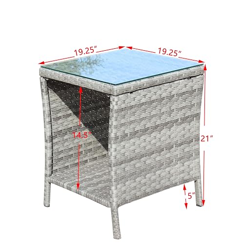 IRONORA Outdoor Wicker Side Table Patio Side Tables for Outside, Tempered Glass Top Wicker Table with Storage End Table for Balcony Porch Deck - color: Grey