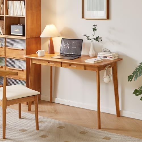 Aibiju Wooden Computer Desk with Drawer and Hanging Rod, Modern Minimalist Style PC Laptop Computer Workbench with Solid Wood, 47" Home Office Work Table, Cherry Wood Color YD-WD03N - color: Cherry Wood Color, size: Length 47 in
