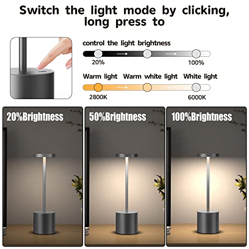 2Pack Cordless Table Lamp, Rechargeable LED Battery 5000mAh Metal USB Portable Powered Desk Lamp, 3 Levels Brightness Light for Restaurants Outdoor (2pack 10.25in Grey) | Battery 5000mAh Metal USB Portable Powered Desk Lamp, 3 Levels Brightness Light for