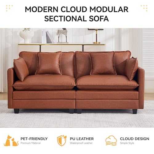 76'' Cloud Deep Seat Loveseat, Upholstered Leather Modular 2-Seats Sectional Sofa Couch, Modern Comfy Settee Loveseat for Living Room Set, Small Apartment, Leather Brown - color: Pu-dark Brown, size: 76'' Loveseat