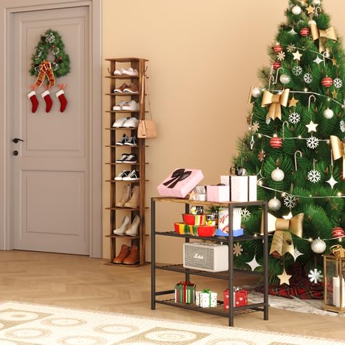 HOMEFORT 10-Tier Vertical Shoe Rack, Corner Shoe Tower, Slim Shoe Organizer with Two Hanging Hooks, Wooden Shoe Storage Stand for Entryway, Hallway, Closet, Rustic Brown - color: Rustic Brown, size: 11.02"D x 11.02"W x 62.2"H