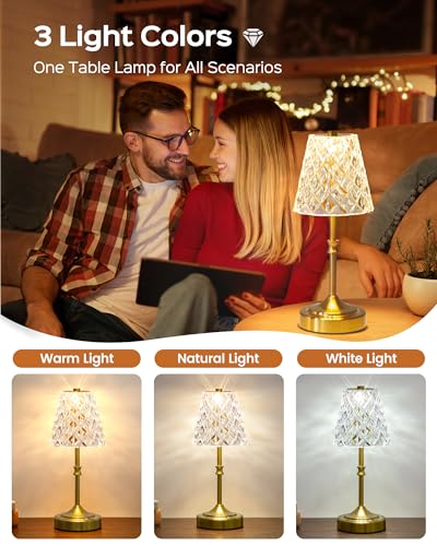JACKYLED Cordless Lamp Rechargeable, Acrylic Crystal Lampshade, 3 Colors with Built-in Dimmer, 5000 Capactiy Power Operated Wireless Lamp for Kitchen Counter Bedroom Living Room - style: Diamond Lampshade