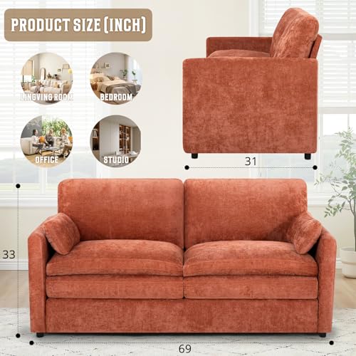 69" Chenille Soft Sofa w/Well-Filled Backrests, Orange | Modern Loveseat w/Plump Pillows, 2 Seater Upholstered Couch w/Thick & Comfy Cushions for Living Room, Bedroom - color: Orange, size: Loveseat