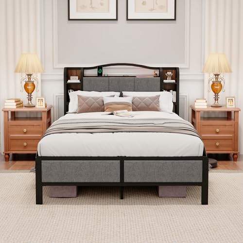 Full Bed Frame with LED Lights & Charging Station | Upholstered Headboard & Footboard, No Box Spring Needed, Noise-Free Easy Assembly, Large Under Bed Storage - size: Full