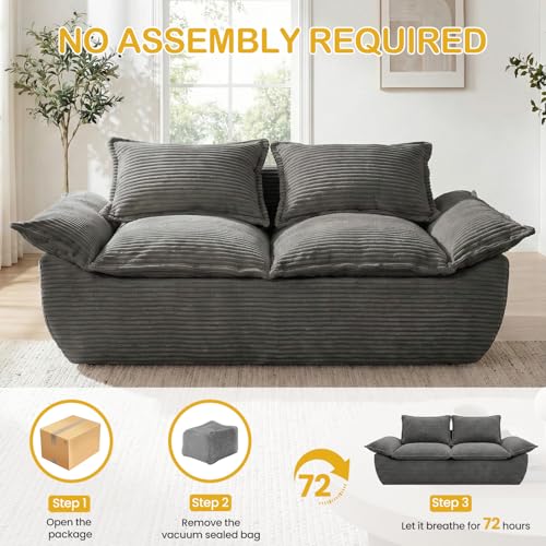 69" Boneless Couch, 3-Seater Oversized Boneless Loveseat Sofa with Removable Cushions & 3 Pillows, Deep Seat Compress Foam Sofa for Living Room, Apartments, & Office - color: Grey, size: 3 Seater (69")