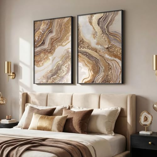 Framed Abstract Brown Gold Wall Art for Living Room, 2 Piece Large Modern Luxury Artwork for Walls, Contemporary Bright Style Picture Prints Paintings for Bedroom Dining Room Office 24x36 Inch - color: Gold, size: 24" W x 36" H x 2Pcs