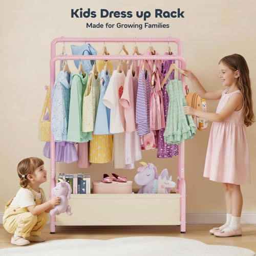 Kids Clothing Racks for Hanging Clothes Toddler Dress Up Rack Double Rods | Dress up Storage Portable Baby Closet for Dresses Child-Friendly Costume Garment Rack for Ages 3-8 Bedroom Playroom,Pink - color: PINK