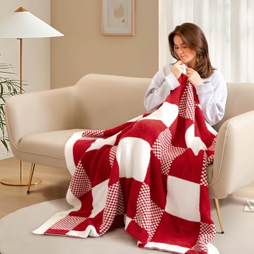 Snuggle Sac Checkered Blanket, Red Throw Blanket for Couch Buffalo Plaid Microfiber Fluffy Warm Cozy Fuzzy Soft Throw Blanket Reversible Checkerered Blankets for Sofa, Chair, Bed, 50x60 inches - color: Checker Red White, size: Throw(50"x60")