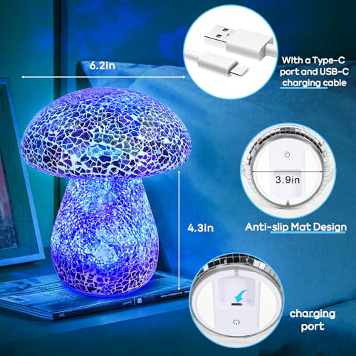 GOESWELL Mosaic Table Mushroom Lamp for Room: Rechargeable Cordless Bedside Lamp with Hand-Crafted Stained Glass for Any Space - Cute Nightstand Lamp with 5 Colors 2 Mood Lighting for Kids - color: Multicolor