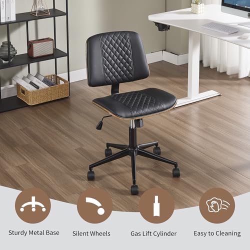 VipDesk Small Home Office Chair - Armless Mid Back Desk Chair with 360° Swivel and Wheels, PU Upholstered Height Adjustable Modern Walnut Computer Chair for Home, Office Meeting Room - Black - color: Black, size: MCM Style