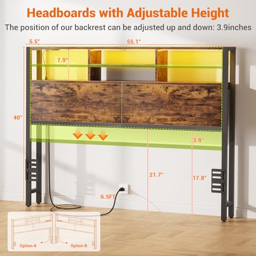 Aheaplus Headboard for Full Size Bed with Storage, Headboards with Outlets | Full Size Head Board Only, USB Ports and LED Light, Height Adjustable, Reversible, Sturdy & Stable Headboard, Rustic Brown - color: Rustic Brown, size: Full, style: Wood