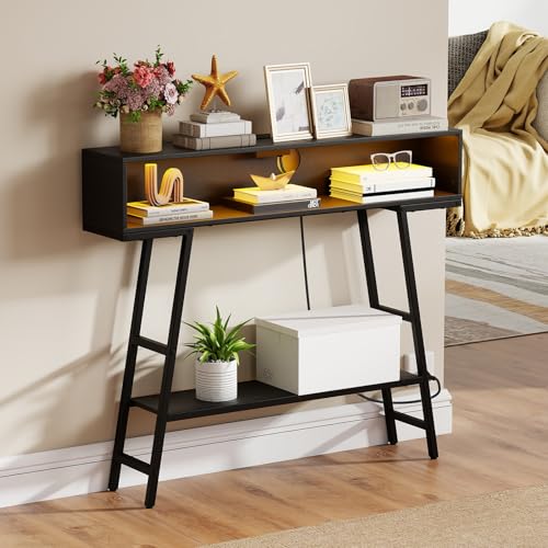 GIANTEX Modern Console Table with Charging Station & LED Lights | 40" Entryway Table with Storage Shelves, 3-Tier Display Shelf for Small Space, Sofa Table for Living Room, Black - color: Black