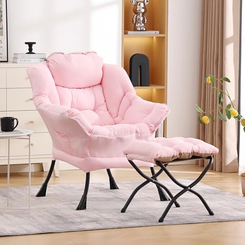 Lazy Chair with Ottoman, Comfy Accent Reading Chair, Pink | Foldable Footrest,Removable Cover,with Armrests and Side Pockets,Upholstered Lounge Chair for Bedroom,Dorm,Office,Small Space - color: Pink