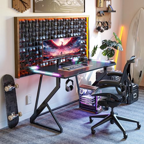 TIQLAB Gaming Desk with LED Lights, 40 Inch Computer Desk Z Shaped Gamer Workstation, Gaming Table with Carbon Fiber Surface, PC Gamer Desk, Black