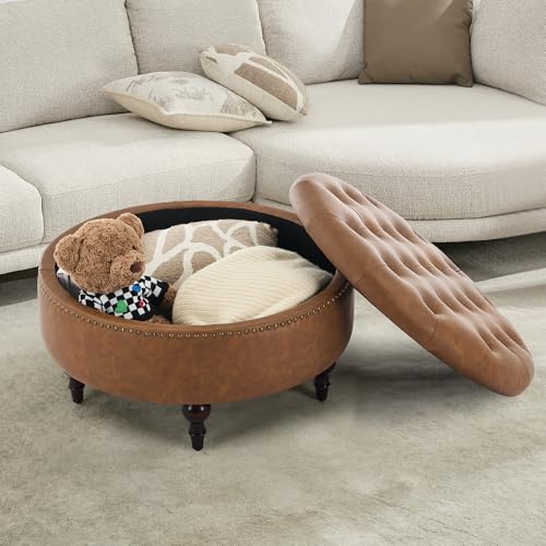 31.5" Large Round Storage Ottoman, Upholstered PU Ottoman Coffee Table | Large Ottoman with Solid Wooden Legs and Nailheads, Side Table for Living Room Bedroom Office, Brown - color: Brown