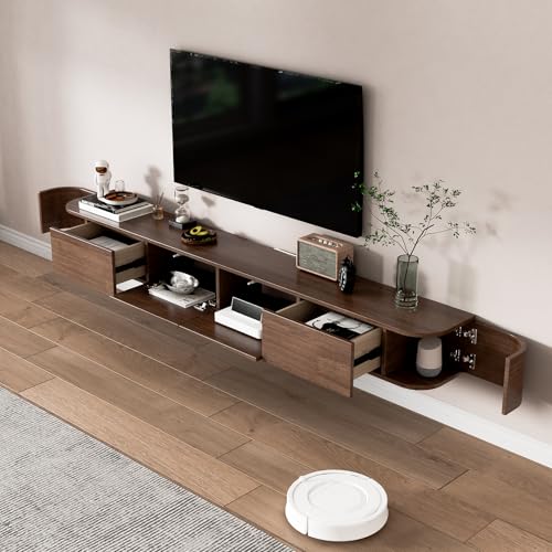 Solid Wood Floating TV Stand - Wall Mounted Media Console with 2 Side Doors, Deepened 11.8'', Wall Mounted Audio/Video Shelf for Home Room (Walnut, 62.99x7.87x11.8'') - color: Walnut, size: 62.99x7.87x11.8''
