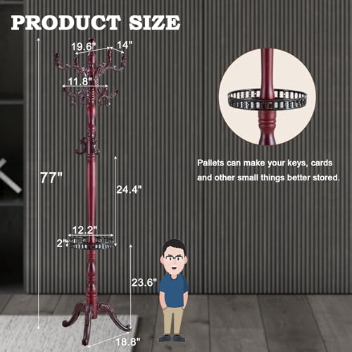 Coat Racks FreeStanding with 14 Hooks, Natural Wood Coat Rack with Solid Round Base, Adjustable Height Coat Racks, Easy Assembly for Hallway, Bedroom and Office (Reddish brown-Tray) - color: Reddish brown-Tray