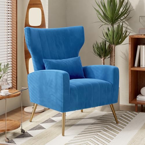 Nebuaegis Blue Velvet Accent Chair Set of 4, Wingback Chair for Living Room, High Back Arm Chair with Golden Legs Lumbar Pillow, Upholstered Single Sofa Bedroom - color: Blue, size: Set of 4