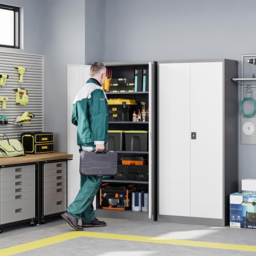 Metal Garage Storage Cabinets with Lock Door and Adjustable Shelves, Steel Tool Cabinets for Home,Office,Warehouse Organisieren (Gery White, 71" H) - color: Grey White, size: 16"D x 32"W x 71"H