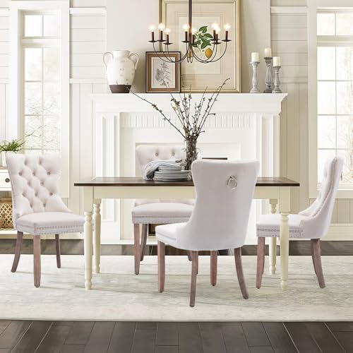 Velvet Upholstered Dining Chairs Set of 8, Modern Style Kitchen Side Chairs with Nailhead Trim and Wood Legs,Metal Pulling Ring for Dining Room Living Room(Beige) - color: Beige, size: Set of 8