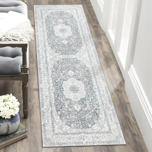 Washable Runner Rug 2x6,Grey Rug Runners Non Slip,Long Boho Rugs for Hallways Kitchen Bedroom Entryway Living Room Bathroom,Vintage Bohemian Distressed Floor Carpet,Floral - color: Grey, size: 2'x6'