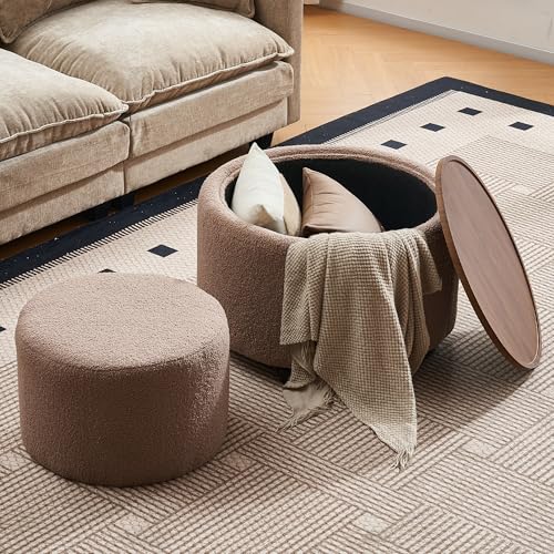 28 Inch Round Storage Ottoman with Wheels Set of 2, Multifunctional Coffee Table Ottoman with Removable Solid Wood Lid, Modern Circle Ottoman Foot Rest for Living Room, Bedroom, Brown - color: Brown
