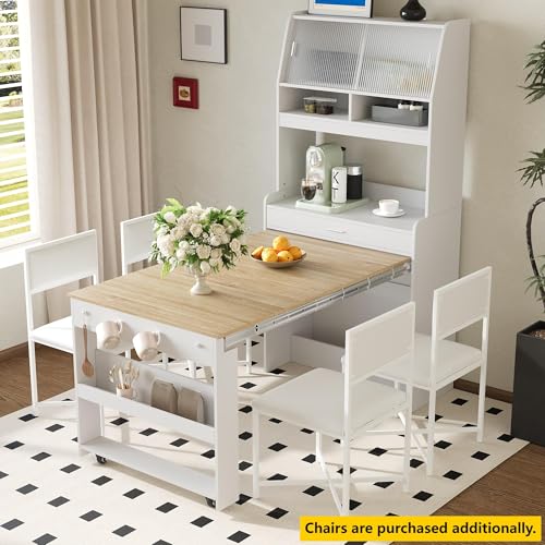 RuiSiSi Space Saving Folding Dining Table for 2-4, Farmhouse Buffet with Hutch and Storage Shelves, Multifunctional Cupboard with Side Hooks for Small Space, Studio, Apartment, Natural+White - color: Natural+white