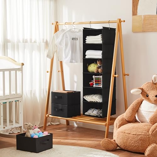 MAX Houser 6 Tier Hanging Closet Organizer with 2 Sturdy Hooks, Black | Dorm Room Essentials with 2 sturdy hooks, foldable lightweight fabric closet storage, space-saving design for Bedroom - color: Black