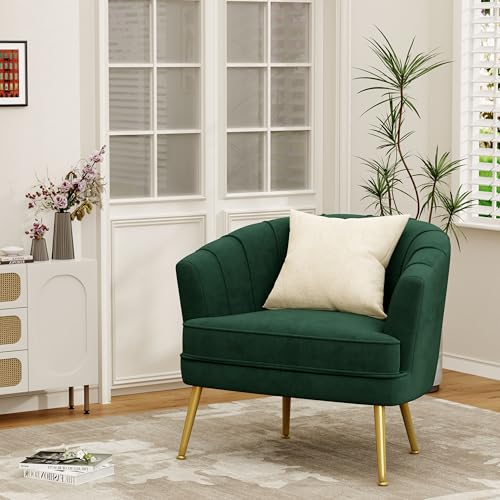 Velvet Accent Chair, Barrel Armchair, Green | Velvet Upholstery, Golden Metal Legs, Comfy Barrel Back, Modern Style, Living Room Bedroom Office - color: Green, size: 1 Chair