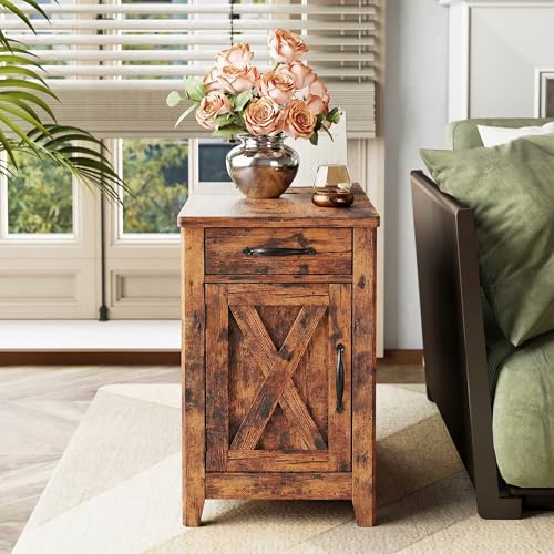 IRONCK End Table with Charging Station, Narrow Side Table, Vintage Brown | Bedside table. Farmhouse nightstand with drawer, cabinet, flip-top, and cup holder, wood grain, for home - color: Vintage Brown