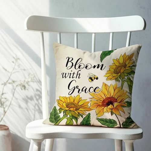 Fahrendom Sunflower Throw Pillow Cover 16x16 Inch Bloom with Grace Bee | Farmhouse Decorative Pillow Cover Yellow Floral Spring Summer Cushion Cover for Couch Sofa Bedroom Outdoor Patio Home Decor - color: Sunflower, size: 16" x 16" (Pack of 1)