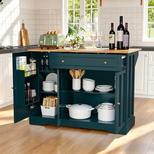 HLR Kitchen Island with Drop Leaf & Storage, Solid Rubber Wood Top Rolling Kitchen Cart with Carved Recessed Panel Doors, Large Mobile Island Table on Wheels for Kitchen, Dining Room (Green) - color: Green