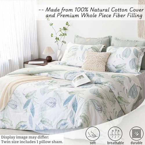 LEMIROE Botanical Cotton Comforter Twin Size - Sage Green Comforter Printed with Leaves & Ferns on White,Reversible Lightweight Bedding Sets 2Pcs(Leaves,68"×90") - color: Leaves - Sage Green, size: Twin/Twin XL(68"×90")