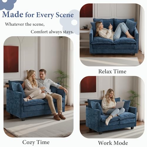 50 Inch Loveseat Sofa | Comfy Small Couch for Bedroom, Living Room, Office | Mini 2 Seater Sofa in a Box | Deep Seat with Double Layer Upholstered Cushion, Removable Cover, Chenille Fabric | Blue - color: Blue, size: 50Inch