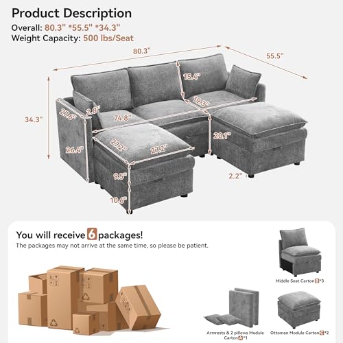 80" Cloud Modular 3 Seater Sofa with 2 Storage Ottoman, Modern Storage Sofa Couch Deep Seat, U Shape Sectional Sofa Chenille Comfy Couch with Armrests for Living Room, Small Space, Light Grey - color: Light Grey, size: 80" 3 Seater+2 Ottoman