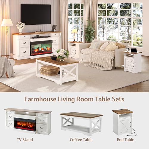 3 Piece Living Room Table Set with Barn Door, Distressed White | Includes Coffee Table and 2 End Tables, Charging Station &USB Ports, Rustic Farmhouse Style, Living Room Furniture Set - color: Distressed White