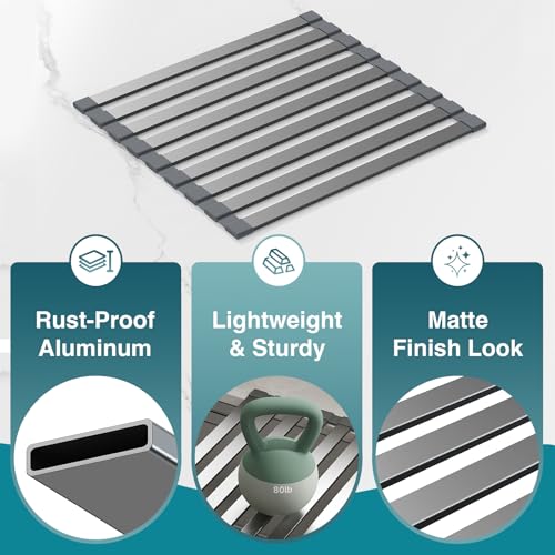 COOL-ANGLE Aluminum Roll Up Dish Drying Rack, 17.7x13.4 Inches, Matte Gray | Rust proof aviation aluminum, Heat resistant trivet up to 400F, Fits sinks up to 16.8 inches, Foldable for compact RV storage - size: Rectangle 17.7'' x 13.4''
