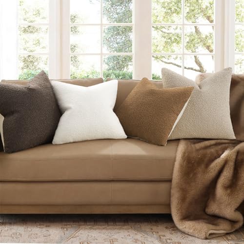 Topfinel Pack of 4 Decorative Textured Boucle Throw Pillow Covers 18x18 Inch Gold Brown Accent Solid Pillow Cases Soft Couch Cushion Covers Modern Farmhouse Boho Chair Sofa Bed Livingroom Home Decor - color: Gold Brown, size: 18" x 18" (Pack of 4)