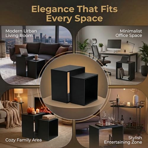 Relso Cascade Nesting Tables Set of 2 - Solid Wood with Smooth Rounded Edges for Stylish Living Room, Bedroom Or Outdoor Use - Space-Saving Design, Long-Lasting, Black Finish - color: Cascade Black