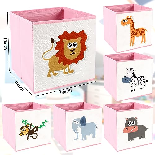 Berlune 6 Pcs Foldable Animal Cube Storage Box 10 x 10 Inch Cube Baskets Non Woven Fabric and Cardboard Kids Storage Bin Toy Organizer Box for Kids Nursery Toddlers