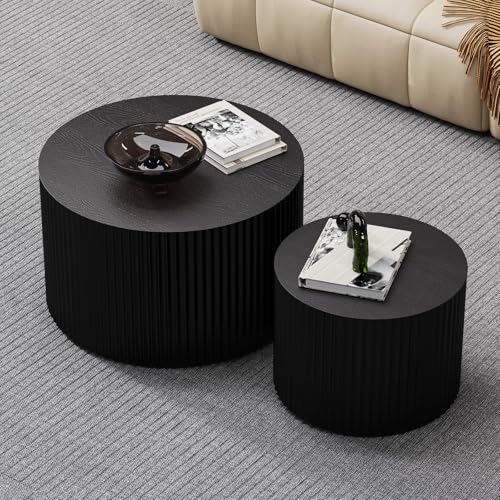 18 inch Round Black Fluted Nesting Coffee Table Set of 2, C Small | Spray Painting Finish, For Living Room, Mid-Century Modern Style, Nestable Design, Nested Side Table, For Small Spaces - color: C Small