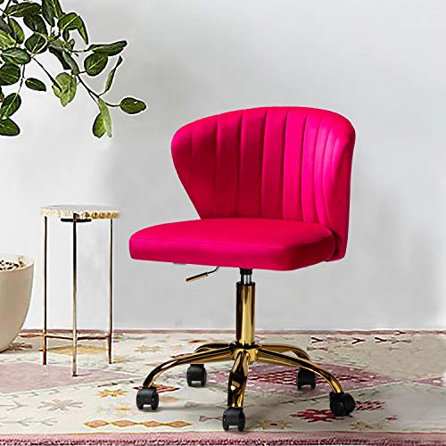 TINA'S HOME Office Desk Chairs with Wheels & Gold Base, Modern Velvet Cute Armless Office Chair, Adjustable Low Back Swivel Rolling Chair, Upholstered Task Chair for Living Room Vanity Study-Fushia | Modern Velvet Cute Armless Office Chair, Adjustable Low