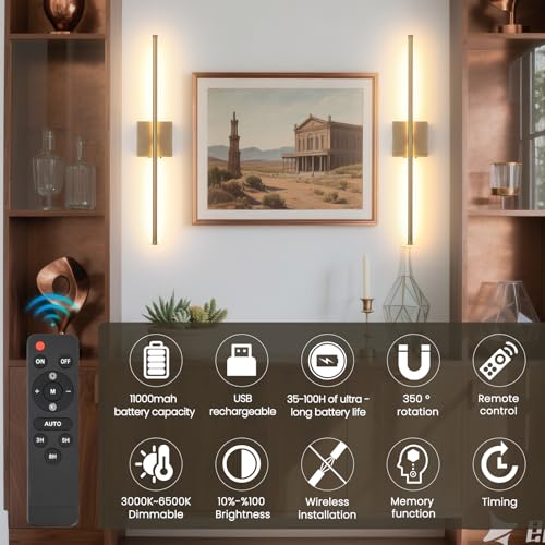 Battery Operated Wall Sconces with Remote Control, 11000mAh Wireless Rechargeable Brushed Bronze Wall Lights, 350°Rotate 3 Color Temperatures Dimmable Wall Lamp, for Bedroom, Living Room, Hallway - color: Brushed Bronze, size: 1 Pack