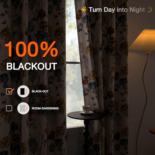 MYSKY HOME 100% Blackout Linen Floral Curtains 90 Inch Long 2 Panels Farmhouse Pattern Printed Double Layer Thermal Insulated Soundproof Drapes for Living/Dining Room, Yellow, 52" Wide Each Panel - size: 52"W x 90"L (Pack of 2)