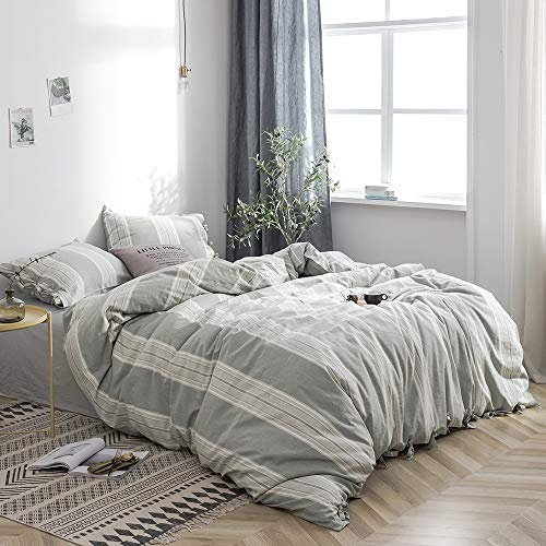 BISELINA Striped Duvet Cover Set 2pcs 100% Washed Cotton Linen Like Textured with Bowknot Bow Ties Strap Reversible Breathable Soft Comfy Chic Yarn Dyed Bedding (Twin, Grayish Green) - color: Grayish Green, size: Twin