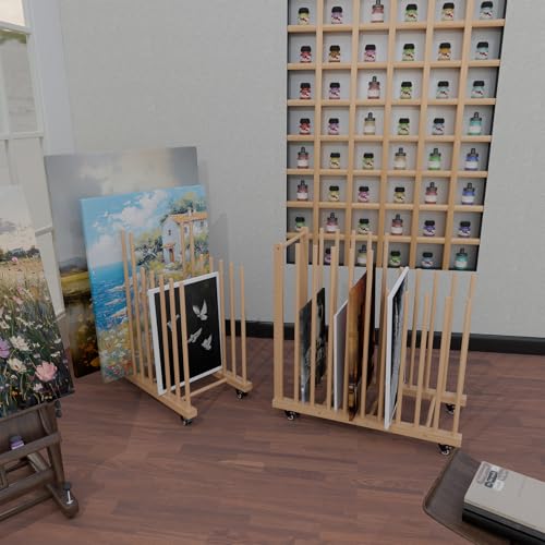 Art Storage Rack on Wheels, Wood Drying Stand for Canvas & Art | Art Supply Organizer, Studio Storage Cart, Craft Drying Rack, Space Saving, Rolling Stand, Gallery Display, Portable Art Rack